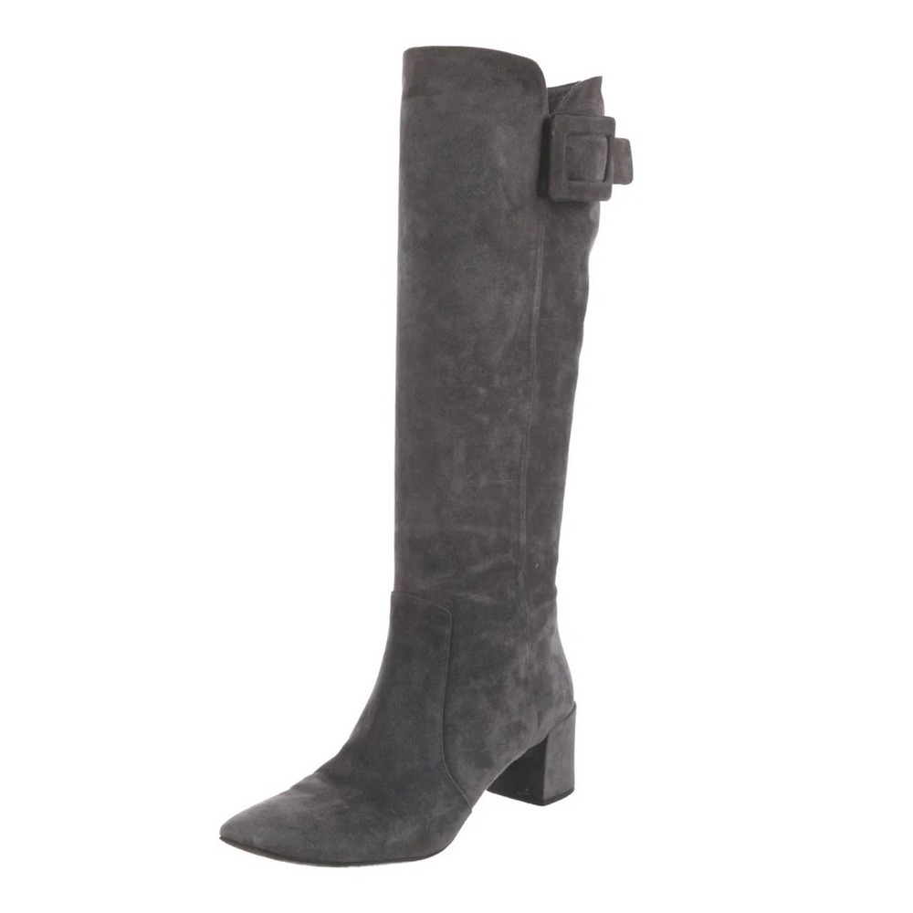 Roger Vivier Grey Suede Buckle Knee High Boots Square Toe Block Heel Size 37